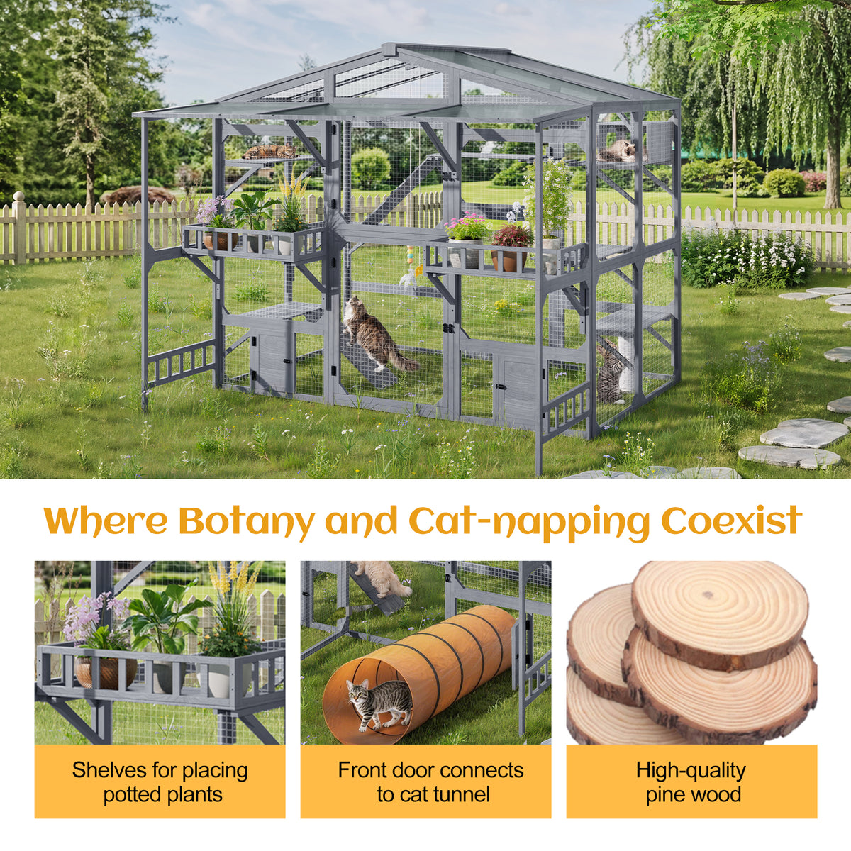 Large Outdoor Catio for 6-10 Cats, Pine Wood Cat Cage Outdoor with Weatherproof Roof, 6 Platforms, Climbing Ramp, 1 Rest