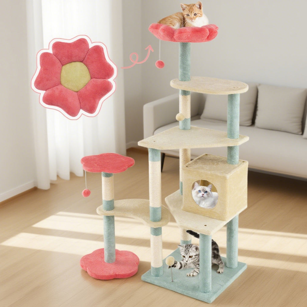 61 Inch Multi-Level Aesthetic Floral Kitten Tower With Flower-Shaped Padded Perch