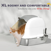 XL Stainless Steel Cat Litter Box with Lid for Big Cats, Enclosed Cat Litter Box with Flip Cover, Scoop