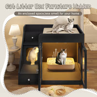Litter Box Enclosure Cabinet with LED Light – 2-Drawer Cat House Side Table, White/Black/Gray