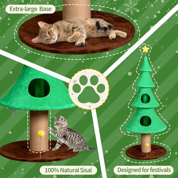59in Large Tall Christmas Tree Cat Tower With 2 Cat Condos & Scratching Post, Soft Fleece Cat Tree With Teaser Toy & Stu