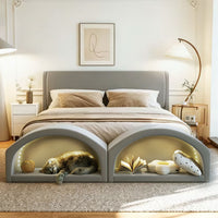 Queen Size Upholstered Platform Bed Frame with Dual Cat Caves, LED Lighted Pet Nests at Footboard, Gray