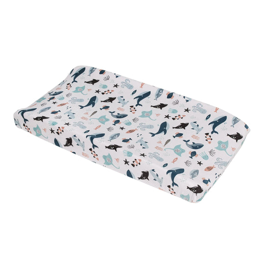 Explore Dream Discover Light Blue, Navy, Gray, and Coral Super Soft Contoured Changing Pad Cover - BIG FRENCHIES