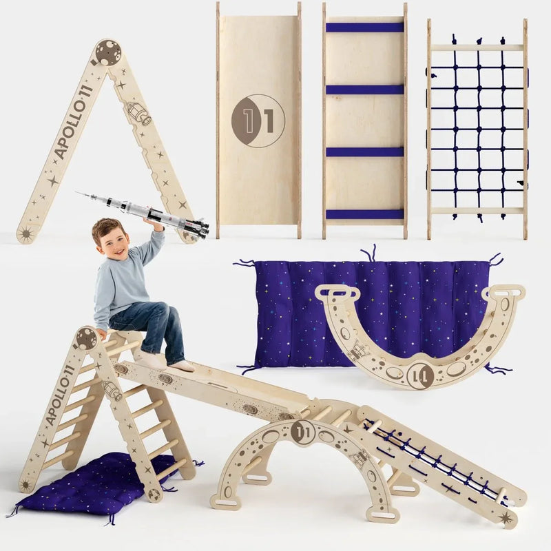 Apollo 5in1 Climbing Set: Pikler Triangle, Net, Arch, Slide Board, and Cushion for Little Astronauts - BIG FRENCHIES