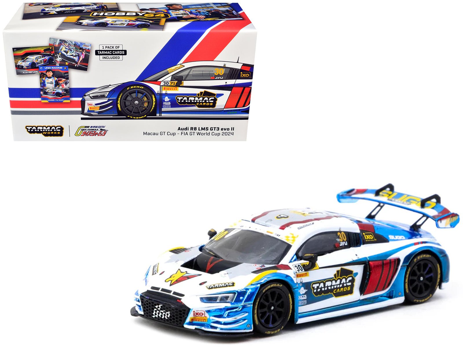 Audi R8 LMS GT3 evo II #30 James Yu "Uno Racing Team" "Macau GT Cup - FIA GT World Cup" (2024) with Plastic Transporter Packaging and Collectible Tarmac Cards "Hobby64" Series 1/64 Diecast Model Car by Tarmac Works  free shipping USA