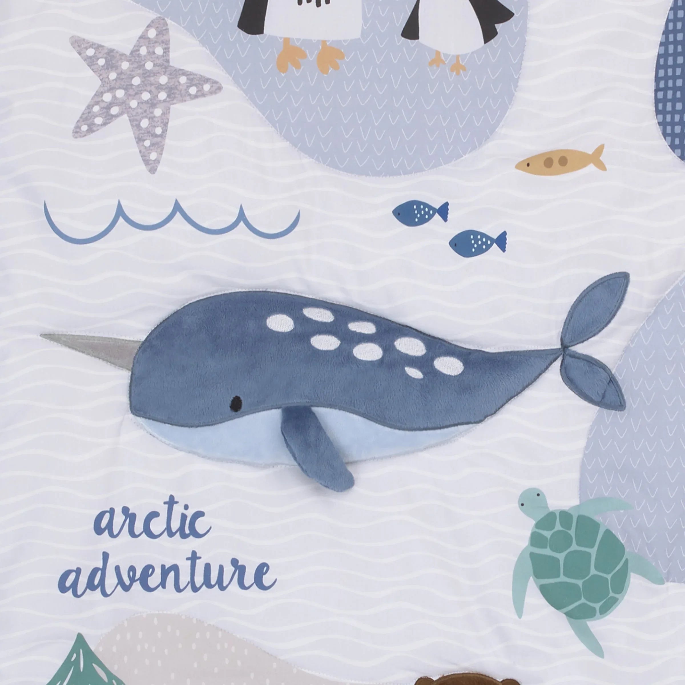 Arctic Adventure Light Blue, White, Taupe and Navy Whales, Walrus, and Otter 4 Piece Nursery Crib Bedding Set - Comforter, 100% Cotton Fitted Crib Sheet, Crib Skirt, and Storage Caddy - BIG FRENCHIES