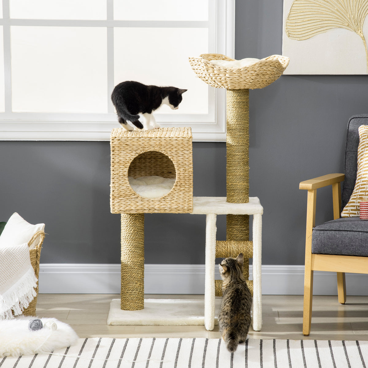 Cattail Weave Cat Tree for Indoor Cats Kitty Tower with Rattan Cat Condo, Wicker Bed, Ladder, Washable Cushions, 22.5" x