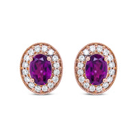 14K Rose Gold 7x5mm Oval Cut Garnet and 3/8 Cttw Round Diamond Halo Stud Earrings (G-H Color, SI1-SI2 Clarity)