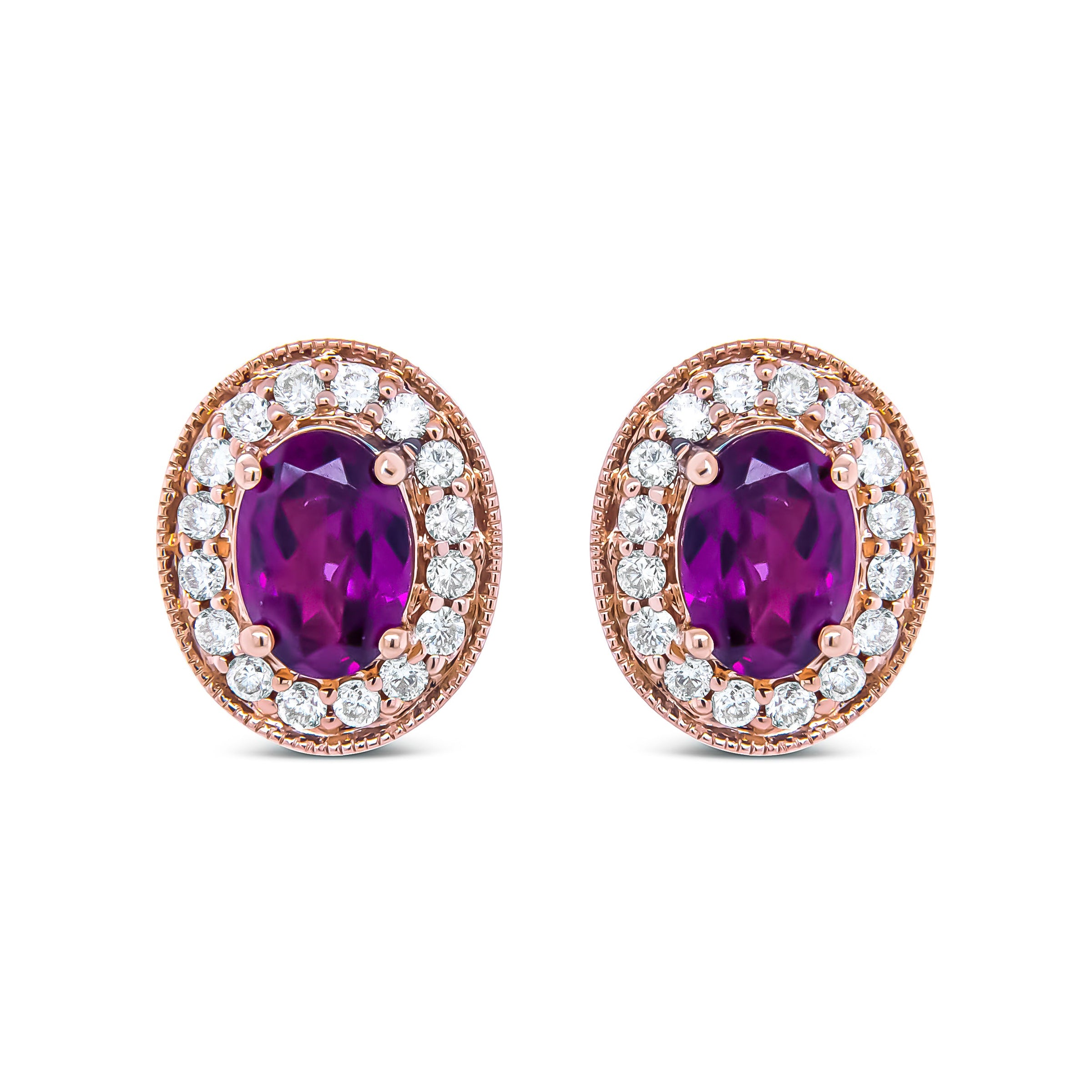 14K Rose Gold 7x5mm Oval Cut Garnet and 3/8 Cttw Round Diamond Halo Stud Earrings (G-H Color, SI1-SI2 Clarity)