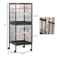 55" 2 In 1 Bird Cage Aviary Parakeet House for finches, budgies with Wheels, Black