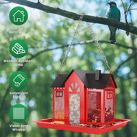 1Pc Metal Hanging Bird Feeder House Classic Barn Bird Feeder House Iron Hanging Outdoor Feeder With Visible Window And L