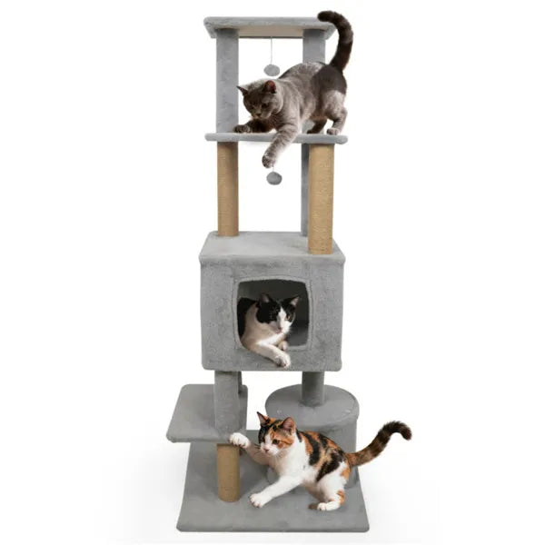 64" Light Gray Cat Tower With Plush Perches & 3 Dangling Balls, Jute Scratching Posts & Anti-Tipping Device For Multi-Ca