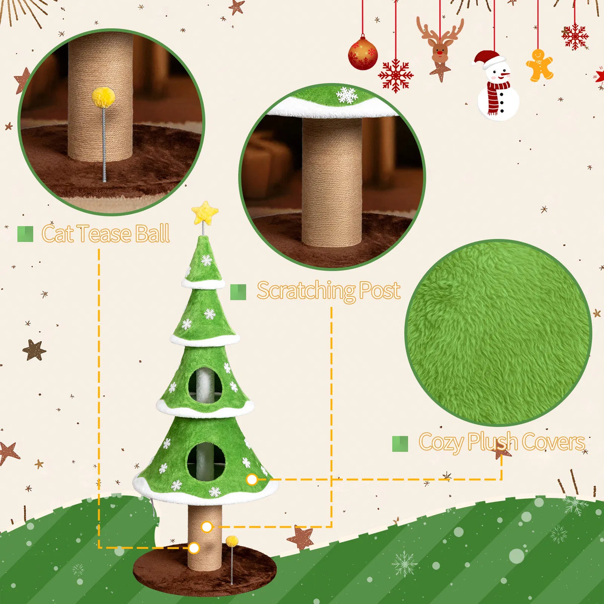 59in Large Tall Christmas Tree Cat Tower with 2 Cat Condos & Scratching Post, Soft Fleece Cat Tree with Teaser Toy & Stu