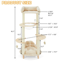 Modern Heavy-Duty No-Drill 4-Tier Solid Wood Cat Tree- 45.7in Multi-Cat Tower With Cozy Bed, Capsule & Extra Wide Perch