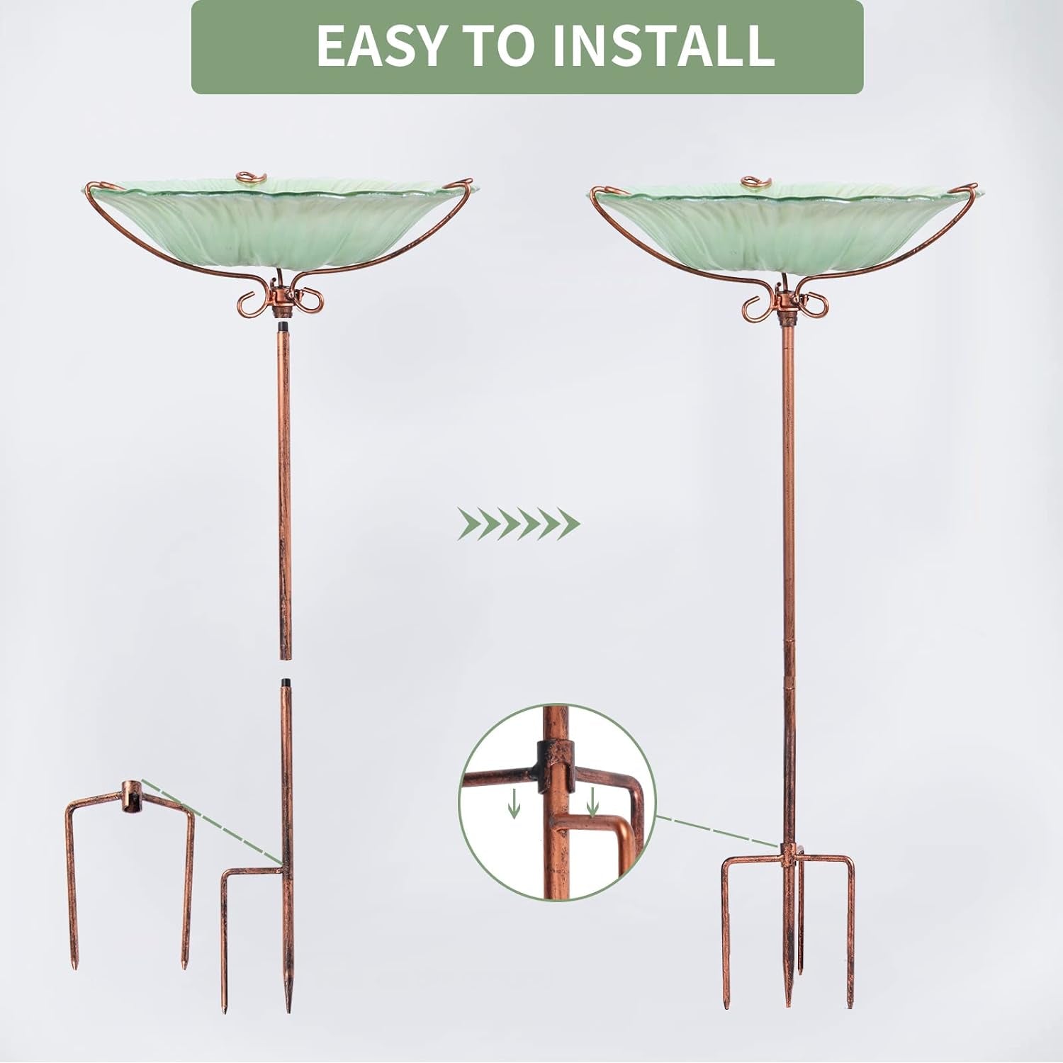 26 Inch Height Glass Birdbath Birdfeeder with Metal Stake Garden Outdoor Green - BIG FRENCHIES
