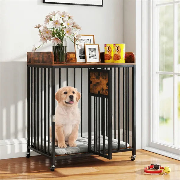 2-in-1 Dog Crate Furniture With Thickened Metal Tubes, Lockable Wheels Pet Kennel For Small Dogs