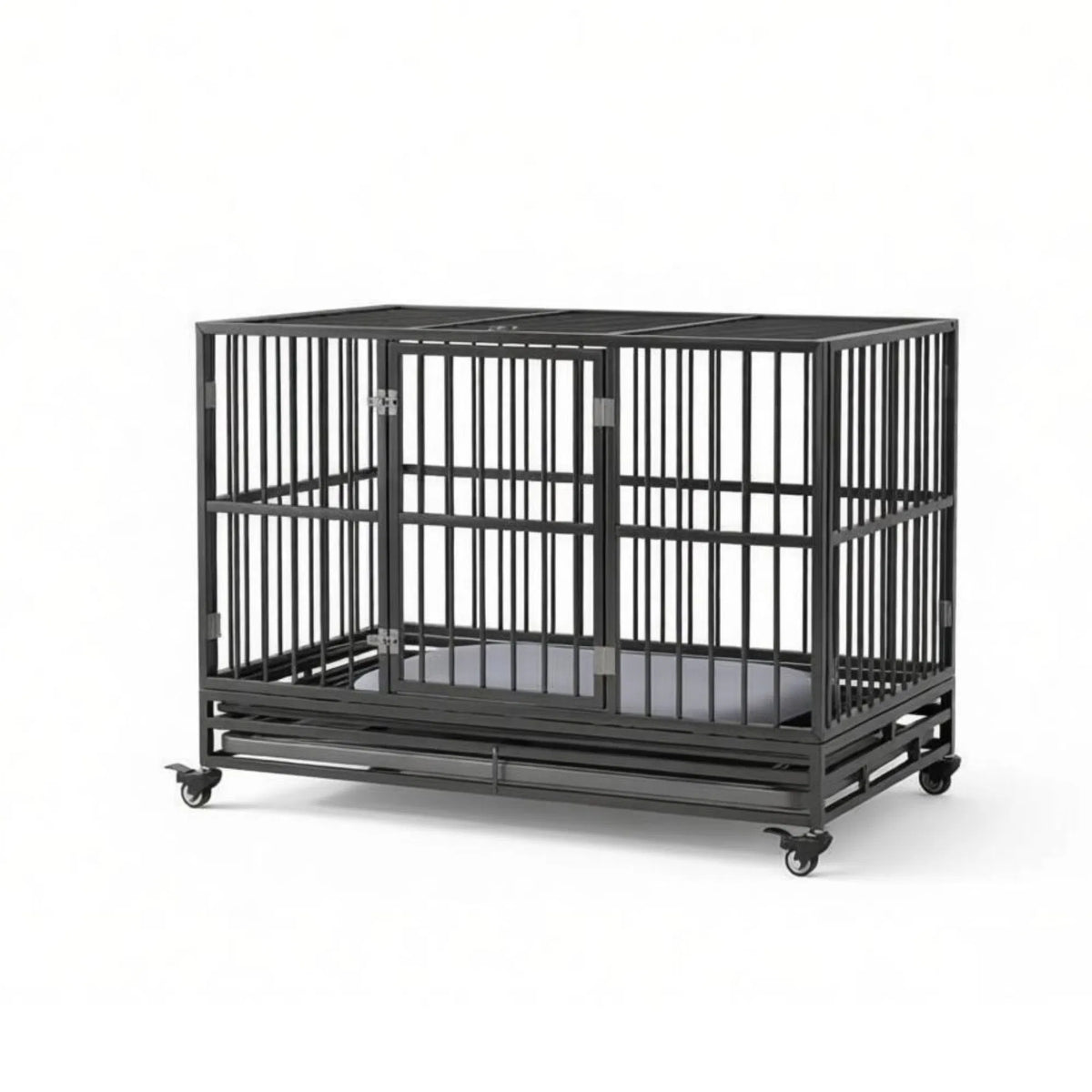 48" Heavy Duty Metal Dog Crate Kennel with Lockable Wheels Double Door Removable Tray Gray