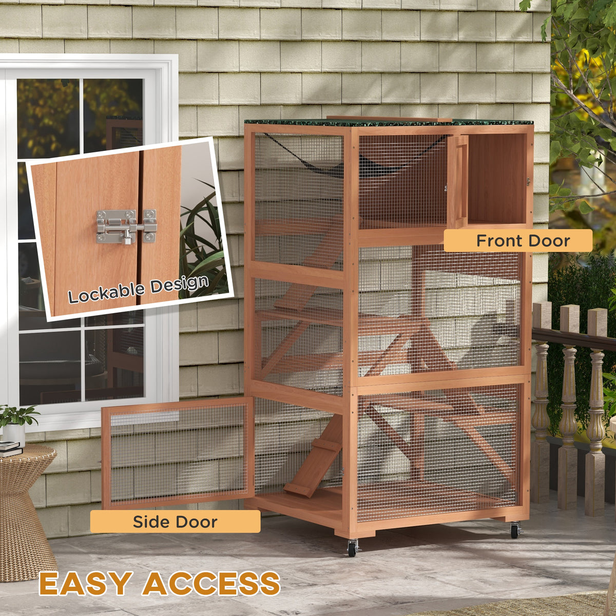 Catio, Outdoor Cat Enclosure House on Wheels with Hammock, Orange