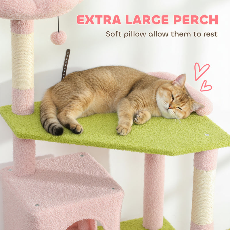 74" Flower Cat Tree, Large Cat Tower with Scratching Post & Board for Indoor Cats, Pink