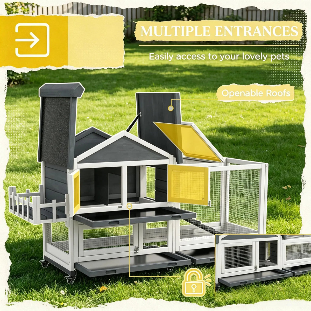 Gray 65" Spacious Wooden Rabbit Hutch: Pet Playpen with Openable Roof for Easy Access & Storage Box for Rabbits
