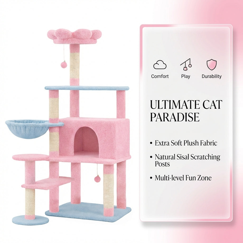 flower cat tree with large condo removable flower cushion and hammock pink