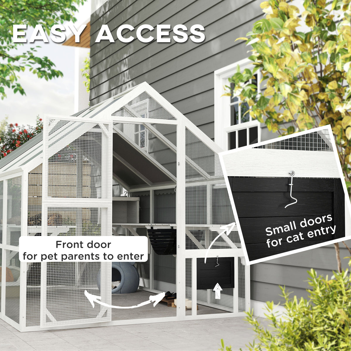 Wooden Catio Outdoor Cat Enclosure With Waterproof Cover, 2 Condos, 6 Platforms, Bridge, Doors, White