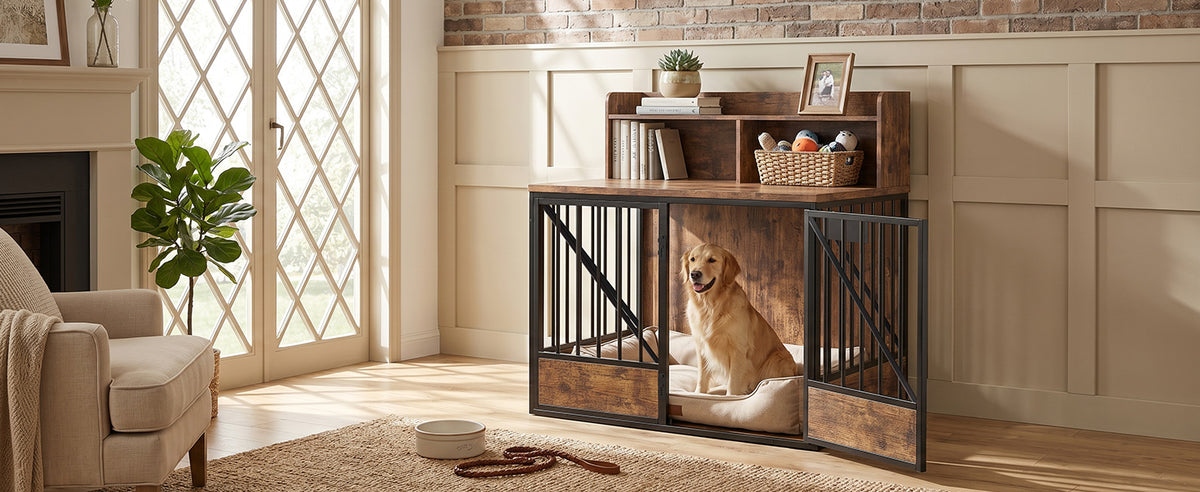 Dog Crate Large Capacity Multifunctional Spacious Top Pet Kennel With 2 Open Storage Compartment