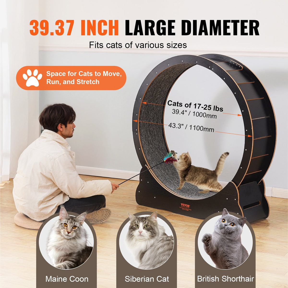 Cat Exercise Wheel 43.3' Large Cat Treadmill Wheel For Indoor Cats Black