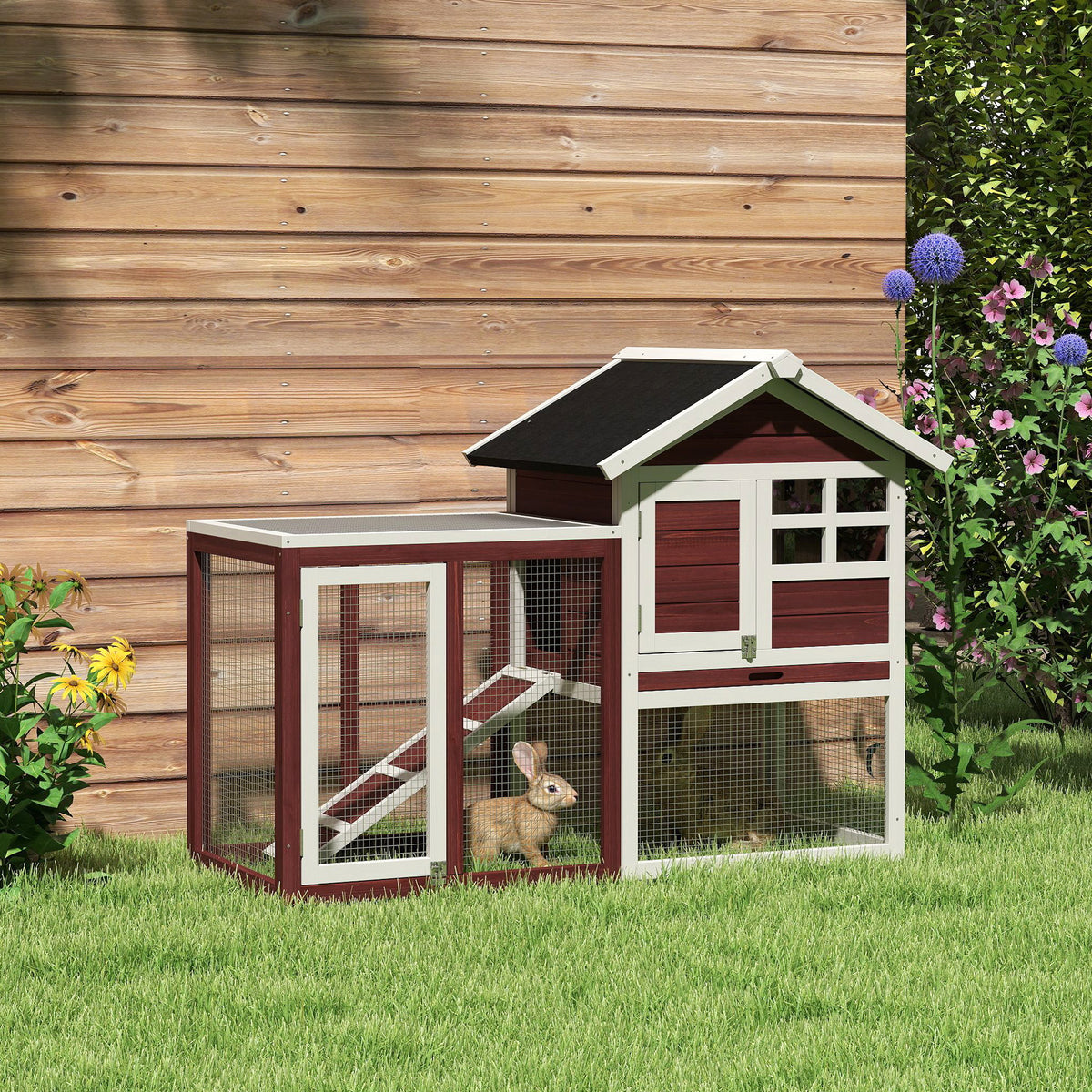 49" Wooden Rabbit Hutch Bunny Cage with Waterproof Asphalt Roof, Fun Outdoor Run, Removable Tray and Ramp, for Rabbits, 