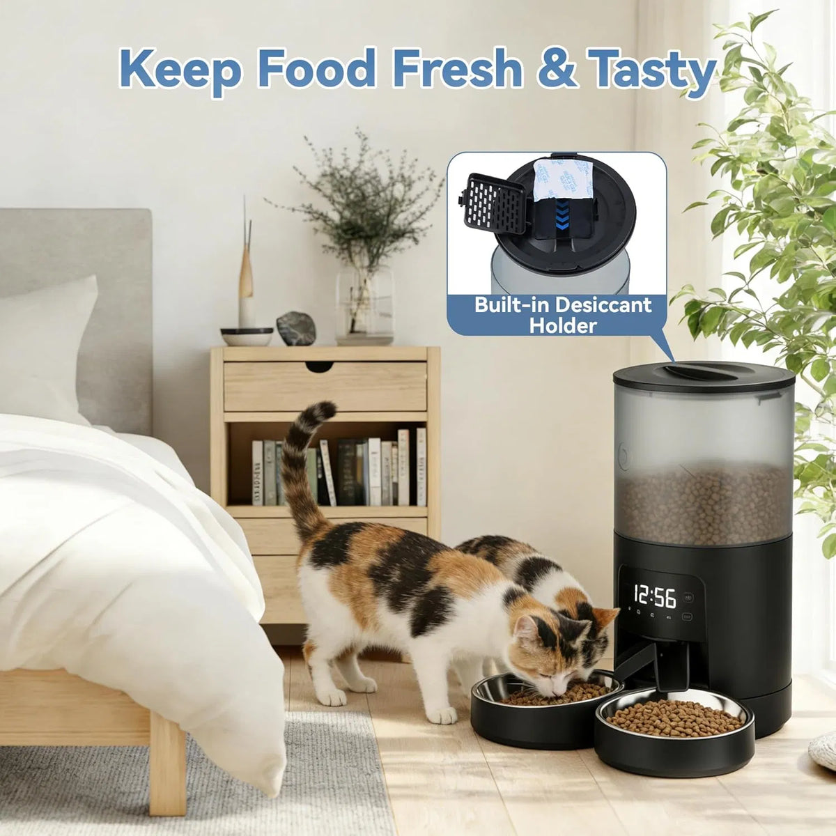 6L Automatic Cat Feeder for 2 Cats, Timed Cat Food Dispenser with 2 Stainless Bowls, 10s Voice Recorder, Dual Power Supp