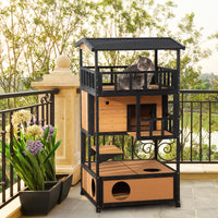 Wooden Outdoor Cat House, Feral Cat Shelter Kitten Condo with Asphalt Roof, Escape Doors, Condo, Jumping Platform, Yello