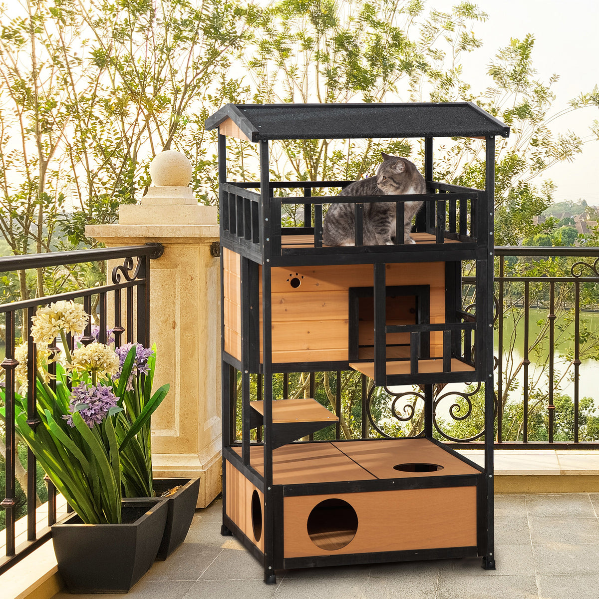 Wooden Outdoor Cat House, Feral Cat Shelter Kitten Condo with Asphalt Roof, Escape Doors, Condo, Jumping Platform, Yello