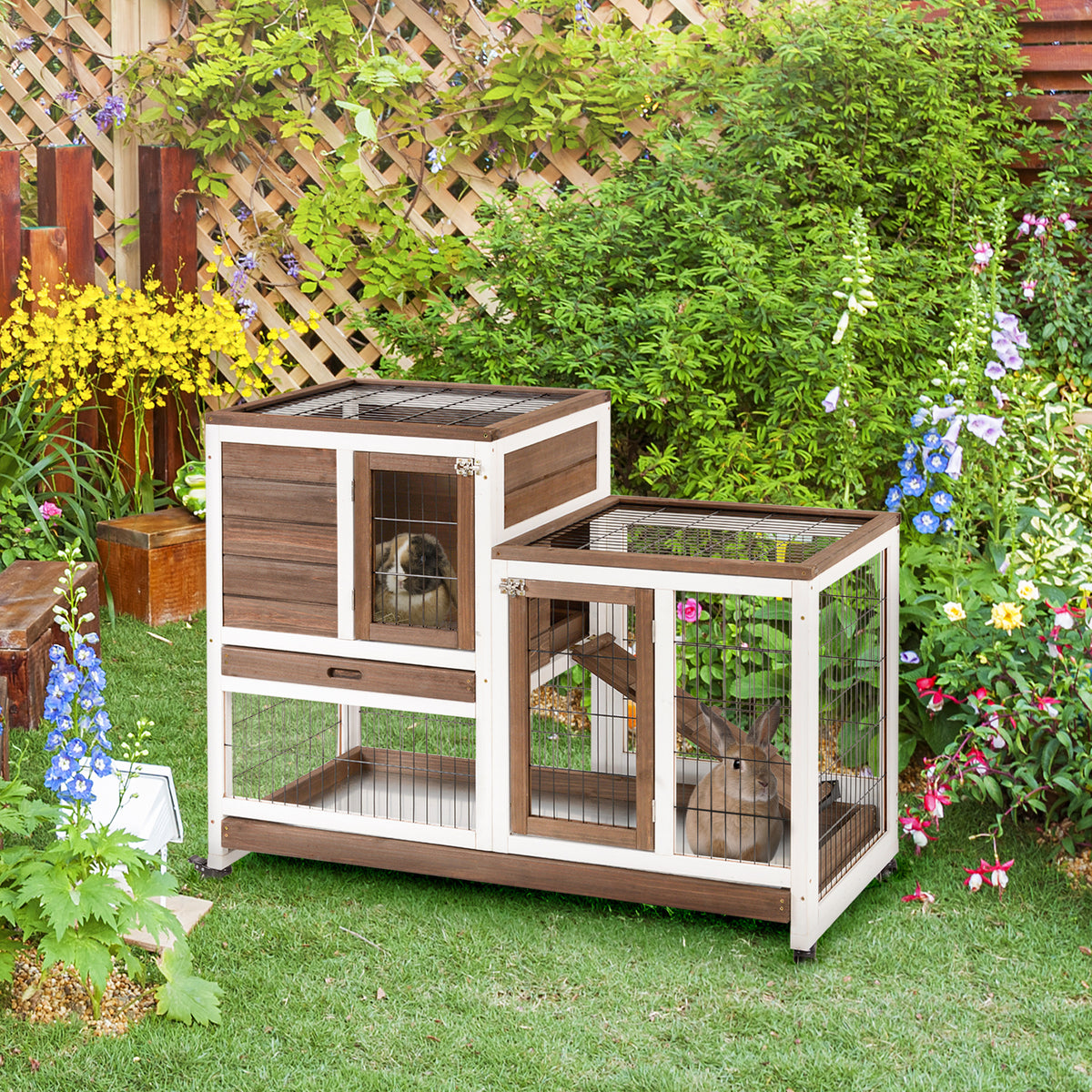 Wooden Rabbit Hutch Elevated Bunny Cage Indoor Small Animal Habitat with Enclosed Run with Wheels, Ramp, Removable Tray 