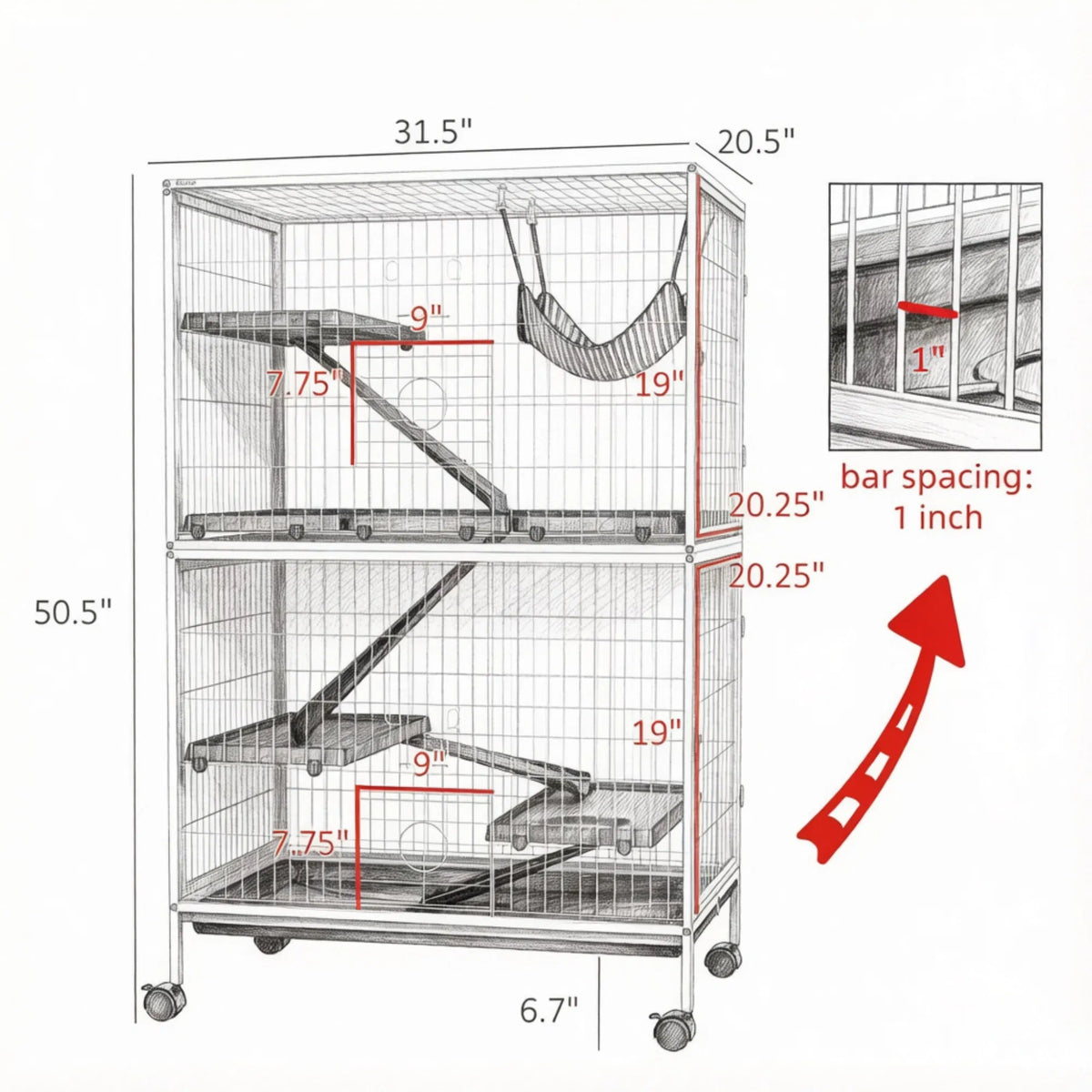 50 Inch Tall Rolling Ferret Chinchilla Cage Small Animal Pet Habitat with Hammock, 4 Doors, Removable Tray