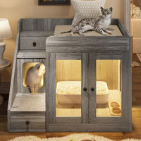 Litter Box Enclosure Cabinet with LED Light – 2-Drawer Cat House Side Table, White/Black/Gray