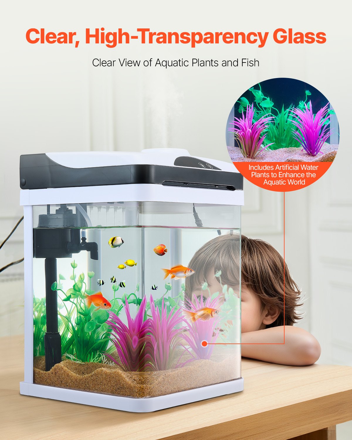 2 Gallon Fish Tank Aquarium LED Smart Square Clear Glass 7 Color Self Cleaning
