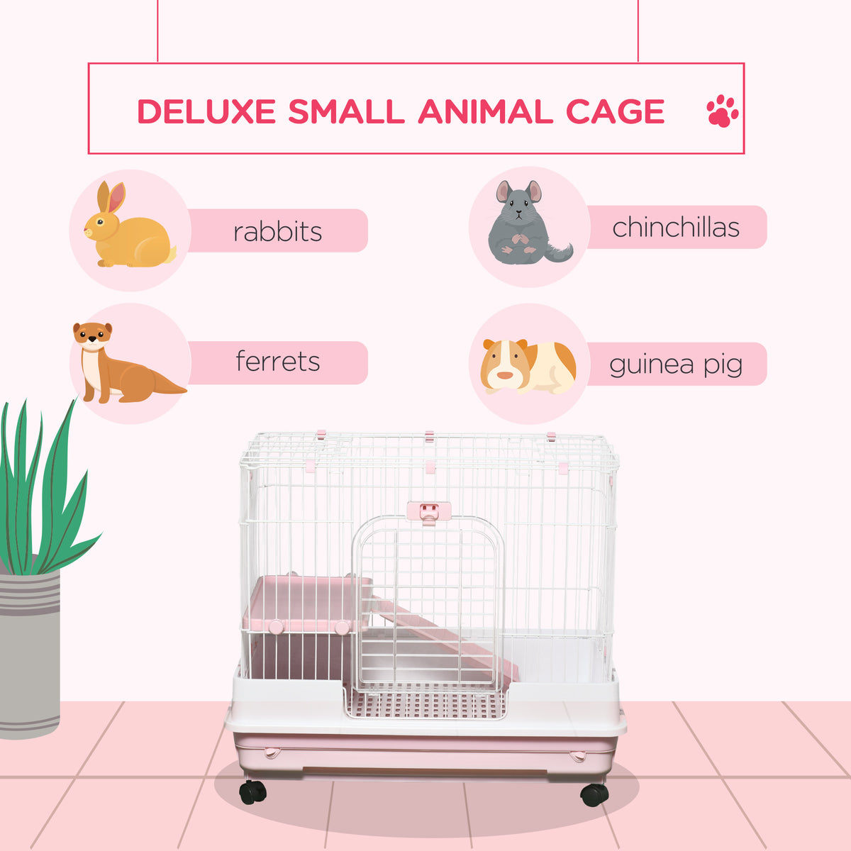 2-Level Small Animal Cage Rabbit Hutch with Wheels, Removable Tray, Platform and Ramp for Bunny, Chinchillas, Ferret, Pi