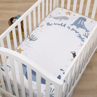 Arctic Adventure Light Blue, White, and Navy Whales, Narwhal, and Walrus "The World is your Oyster" 100% Cotton Photo Op Fitted Crib Sheet - BIG FRENCHIES