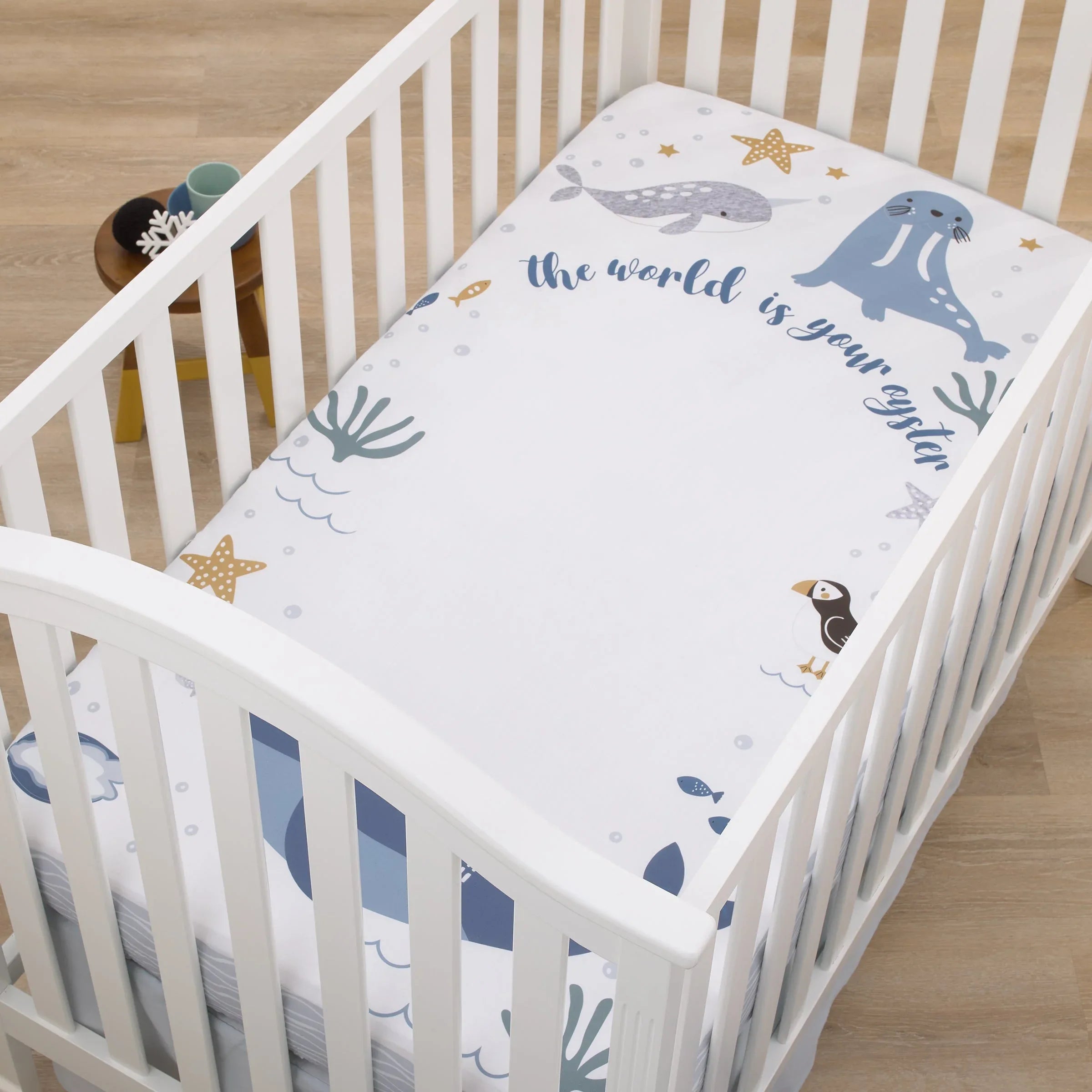 Arctic Adventure Light Blue, White, and Navy Whales, Narwhal, and Walrus "The World is your Oyster" 100% Cotton Photo Op Fitted Crib Sheet - BIG FRENCHIES