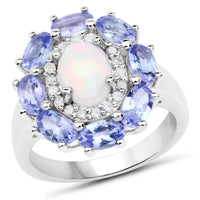 3.05 Carat Genuine Ethiopian Opal, Tanzanite and White Diamond .925 Sterling Silver Ring
