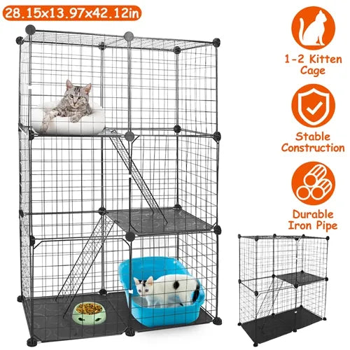 3 Tier Cat Playpen Cage Metal Indoor Cat House Detachable Kitten House with 3 Doors 2 Ladders Large Cat Exercise Place f