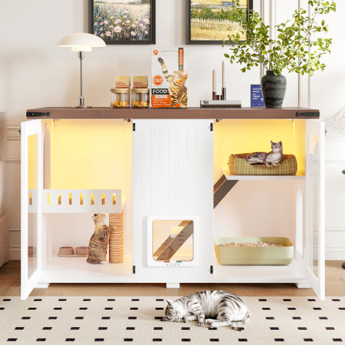 47.25 Large Cat Litter Box Enclosure With LED Light, Hidden Litter Box Furniture, Cat House With Stairs And Cat Scratchi