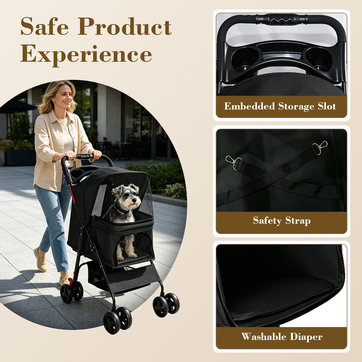 Foldable Pet Stroller for Small Dogs and Cats Under 28 lbs with Multi-Functional Tray, 2 Safety Leashes, Storage Basket 