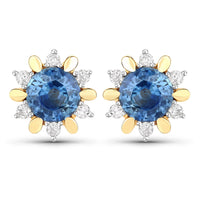 1.87 Carat Genuine Blue Sapphire and White Diamond 14K Yellow Gold Earrings