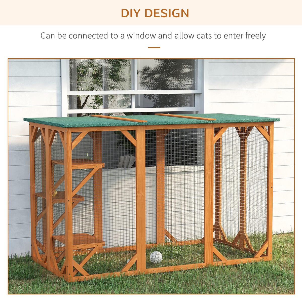 Outdoor Cat House, Catio Wooden Feral Cat Shelter, Cat Cage with Platforms, Large Enter Door, Weather Protection Asphalt