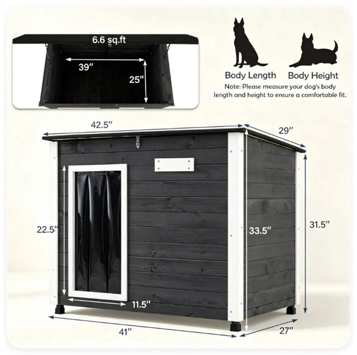 42.5" x 27" x 33.5" Outdoor Dog House with Sloped Asphalt Roof, Elevated Floor & Openable Roof Weatherproof Pet Kennel w