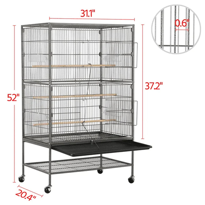 Metal 52-Inch Large Rolling Bird Cage with 3 Perches 4 Feeders - BIG FRENCHIES
