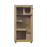 Basia Rubber Wood Cat Cabinet with Wheels, Ventilated Indoor Cat Condo with Multi-Level Shelves & Lockable Door, Safe & 