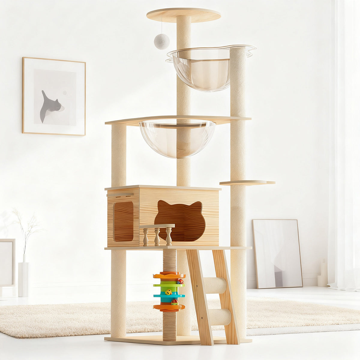 59" Modern Cat Tower, Wood Cat Tree Tower for Indoor Cats, Cat Treewith Sisal-Covered Scratching Posts and Top Perch, Ca