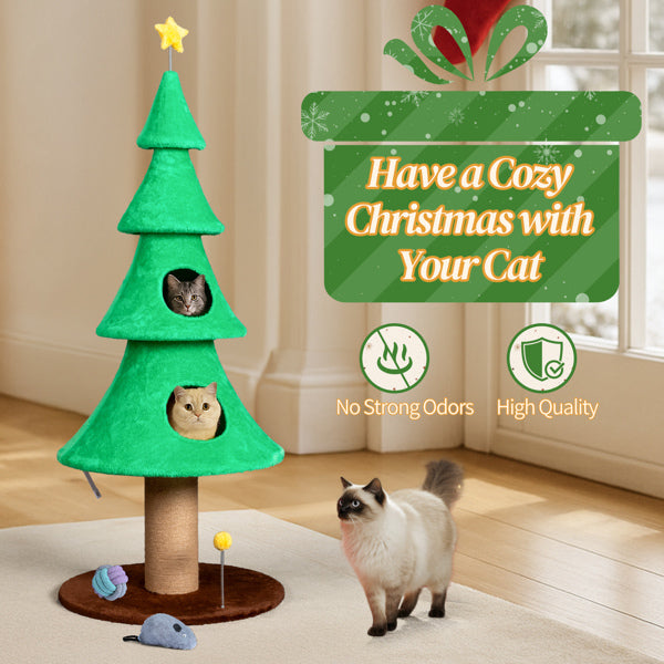 59in Large Tall Christmas Tree Cat Tower With 2 Cat Condos & Scratching Post, Soft Fleece Cat Tree With Teaser Toy & Stu